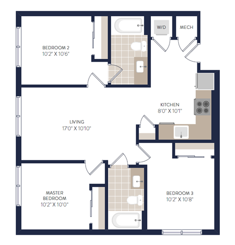 Floor plan for 3 beds, 2 baths, 884 sqft